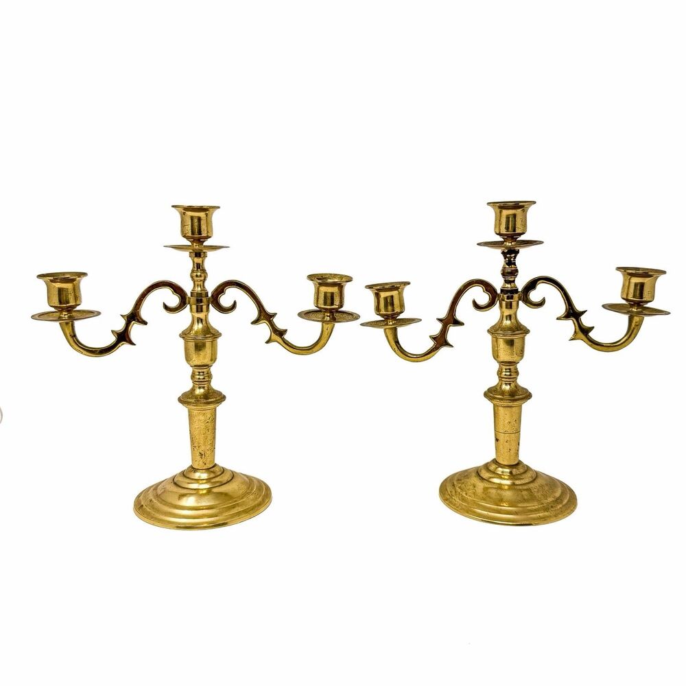 Vintage Brass 3 Arm Candelabra Pair Ornate Hollywood Regency Candle Holders